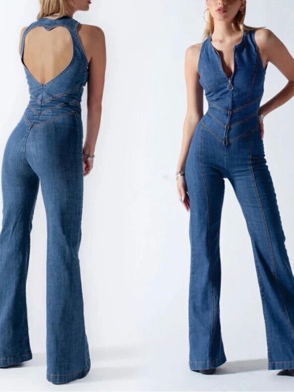 REVICE  Hollywood heat throb Blue Denim Heart-Back Jumpsuit